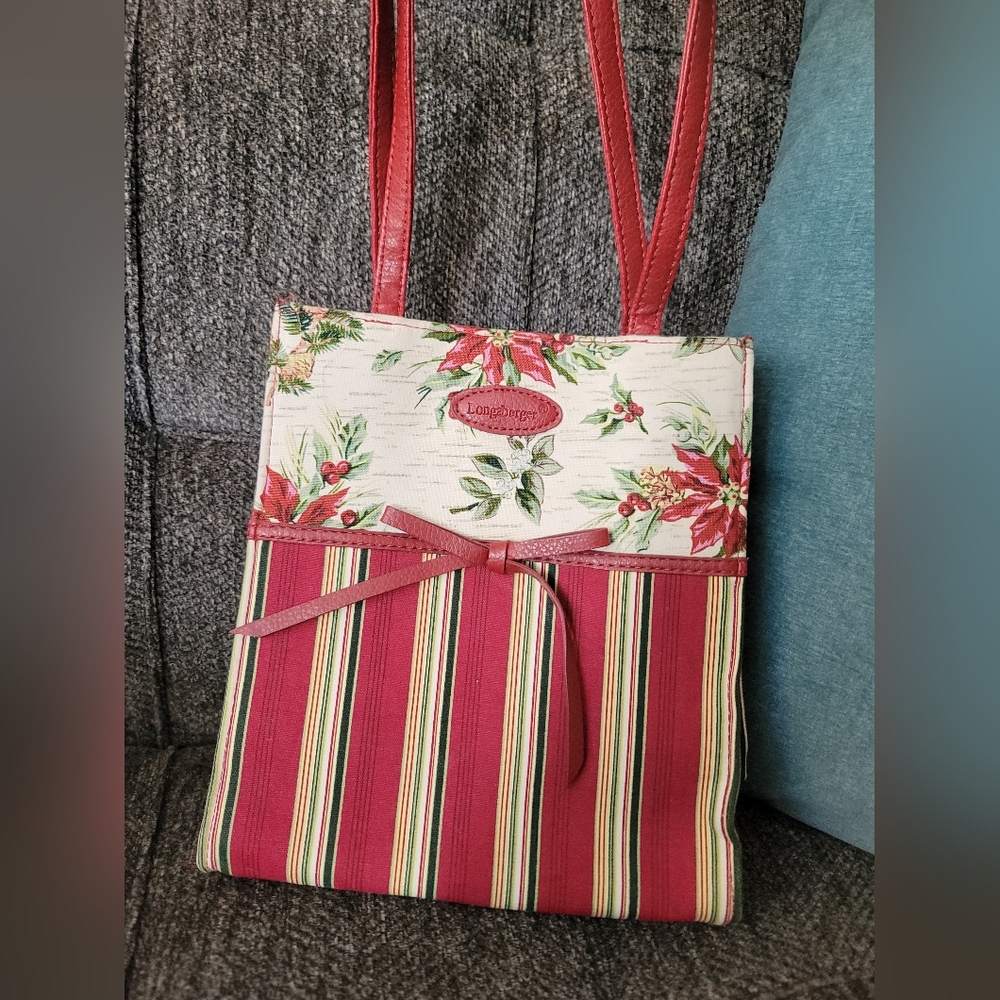 Longaberger Red and Cream Floral Stripe Bag